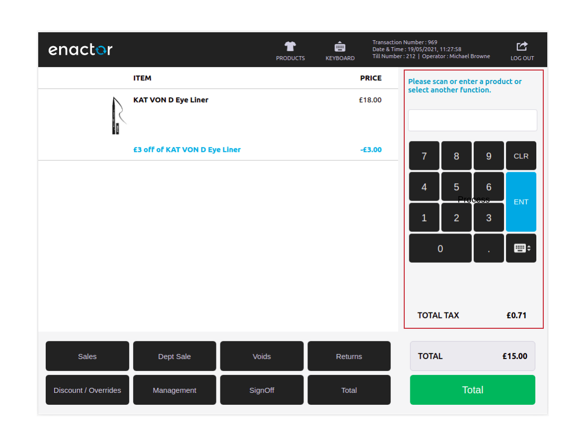 The BodyKeypad, outlined in red: prompt title, prompt input, numeric keypad and tax total