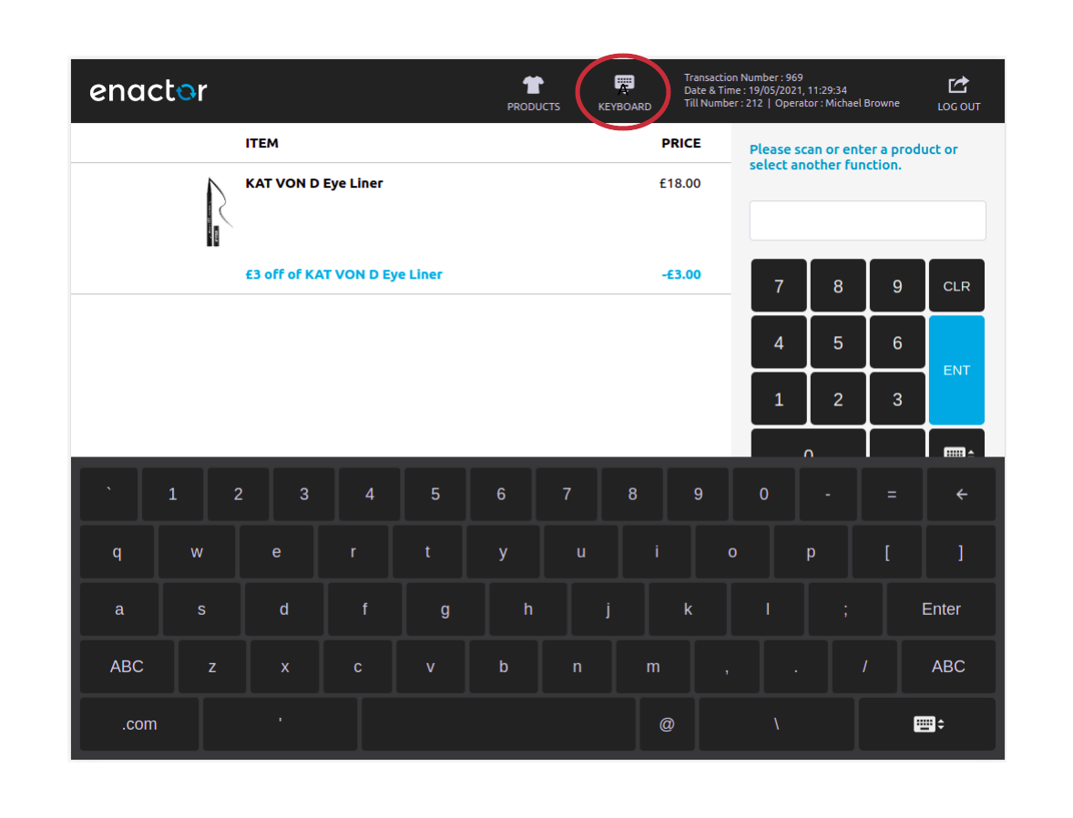 The on-screen keyboard, shown by the circled toggle button
