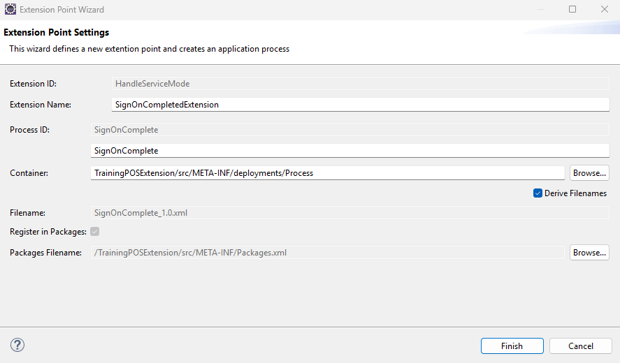 Extension Point Settings window