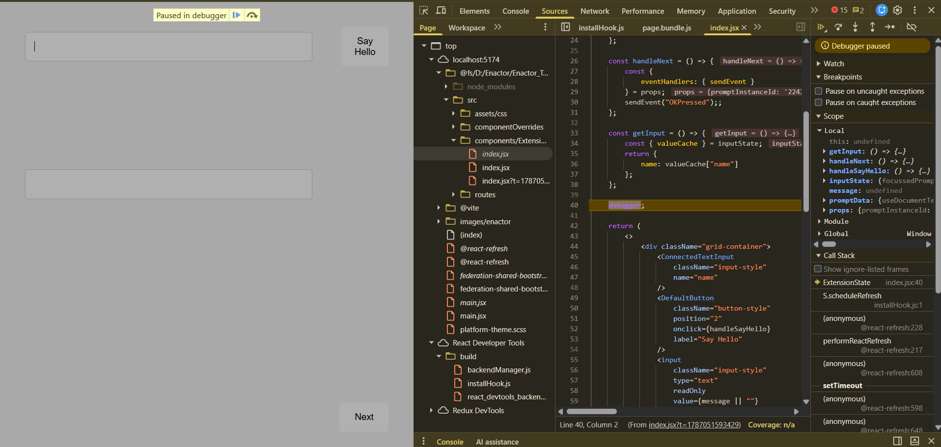 Paused in the debugger with real names