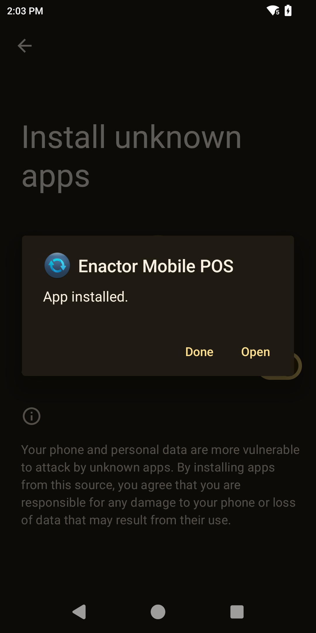 Enactor Mobile POS app installed confirmation