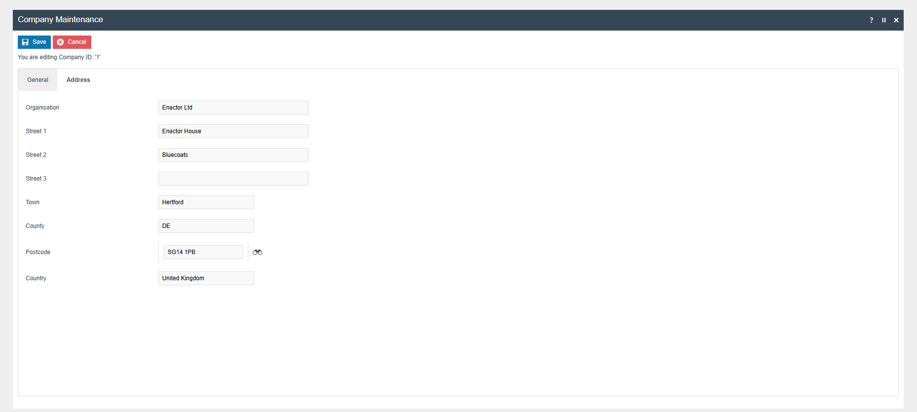 Company Maintenance General tab showing Name, Street 1, and County fields