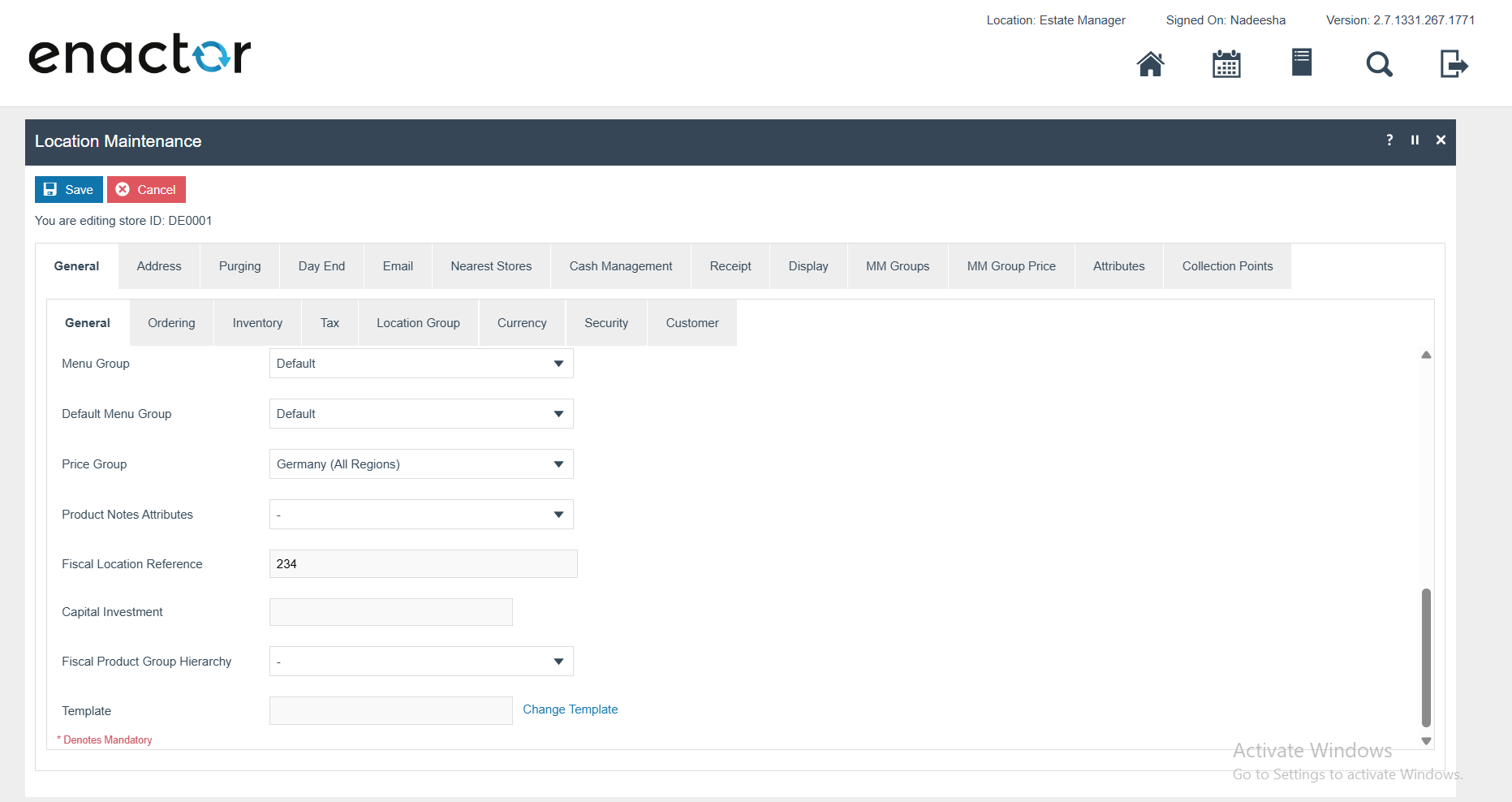Location Maintenance screen showing the Fiscal Location Reference field configured for a German location
