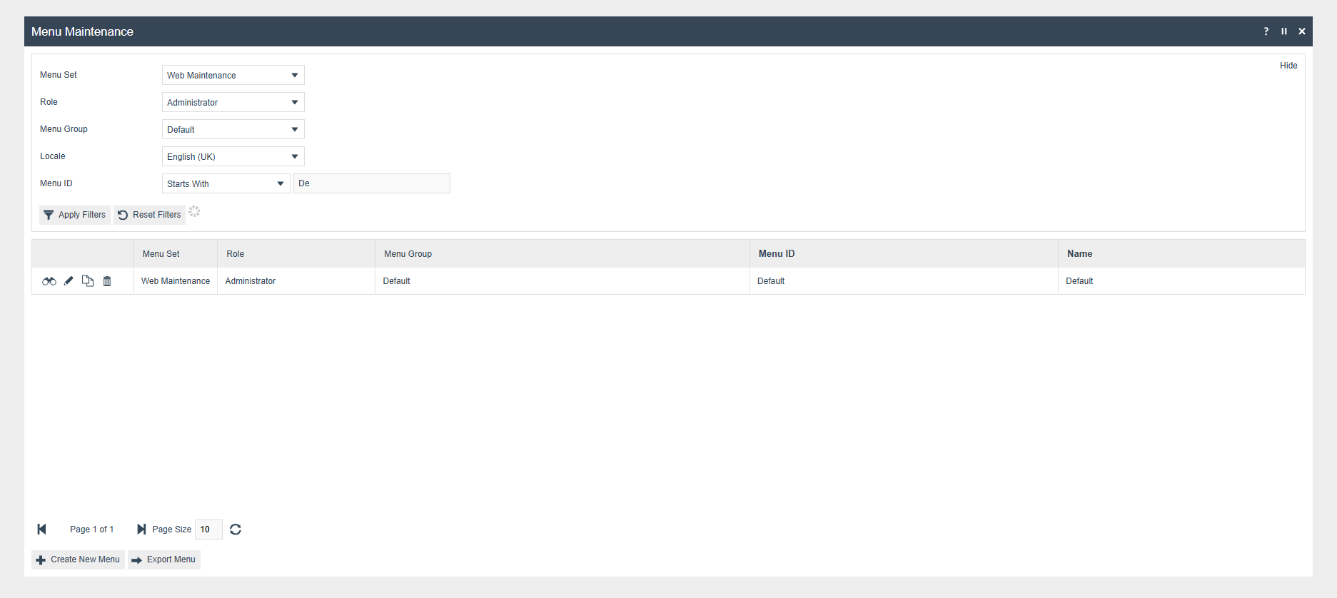 Menu Maintenance screen filtered to show the Default Menu for the Web Maintenance Menu Set for the Administrator role