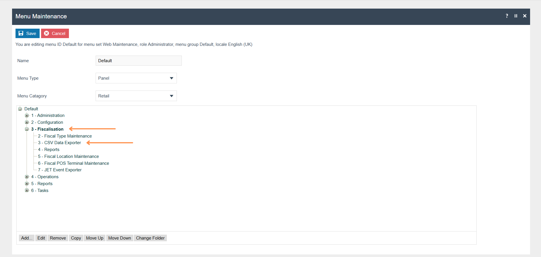 Menu Maintenance editor showing the expanded Operations folder