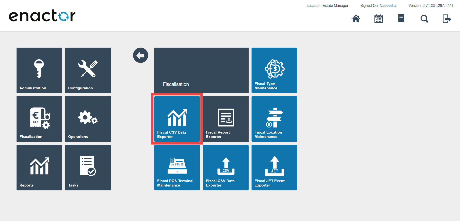 Estate Manager Operations menu showing the Fiscalisation section with the CSV Data Exporter item