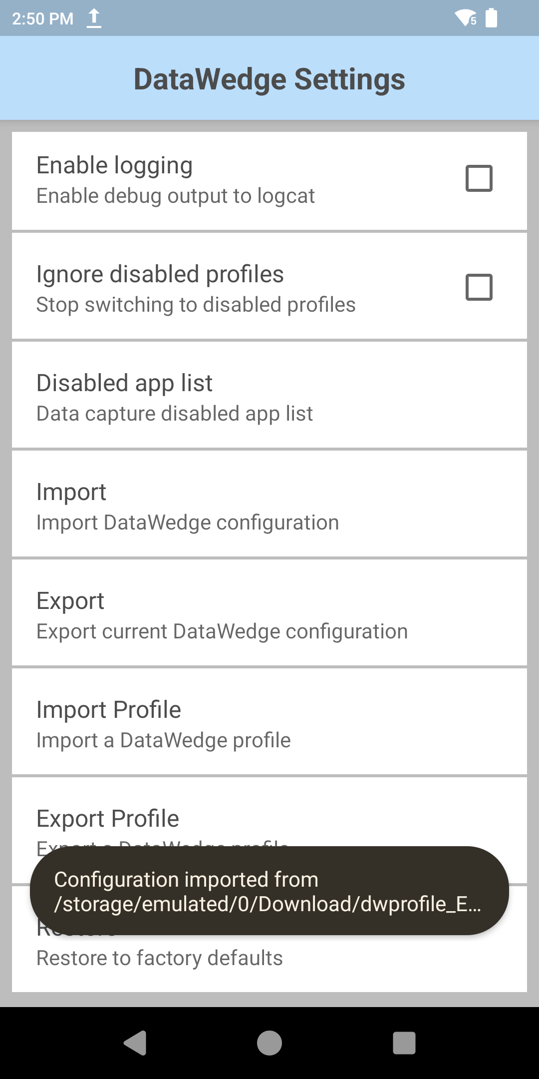 DataWedge Settings menu showing the configuration imported confirmation