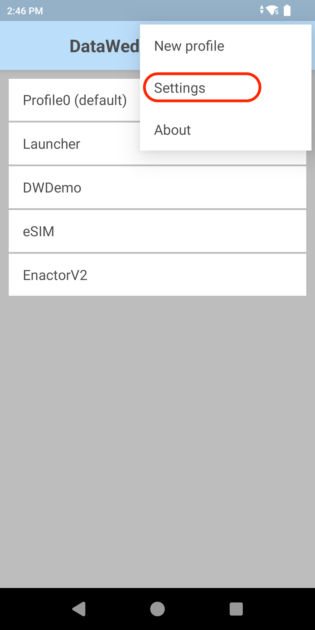 DataWedge Profiles list with the drop-down menu open and Settings highlighted