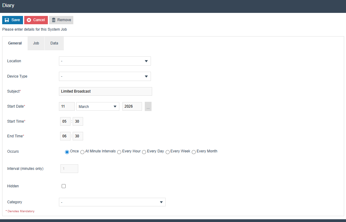 Diary General Tab showing the mandatory fields configuration