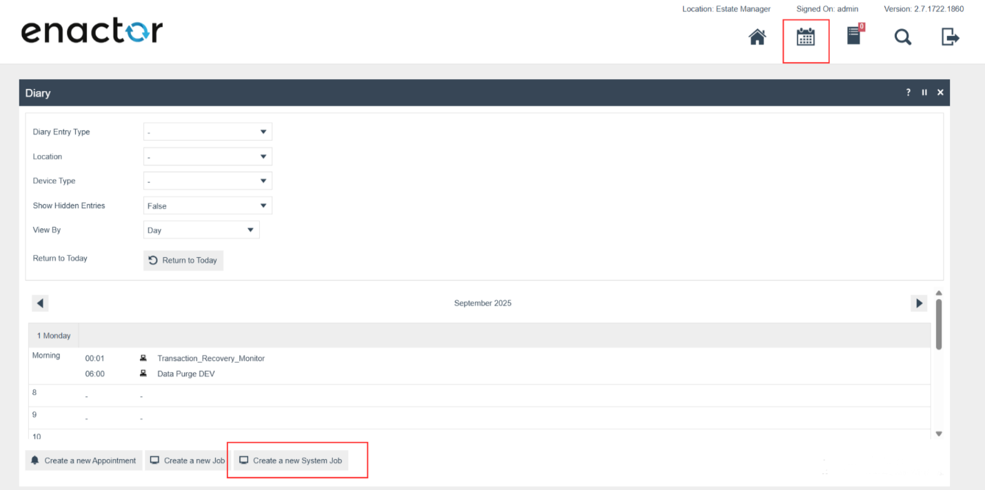Diary Maintenance page showing the Create a new System Job option