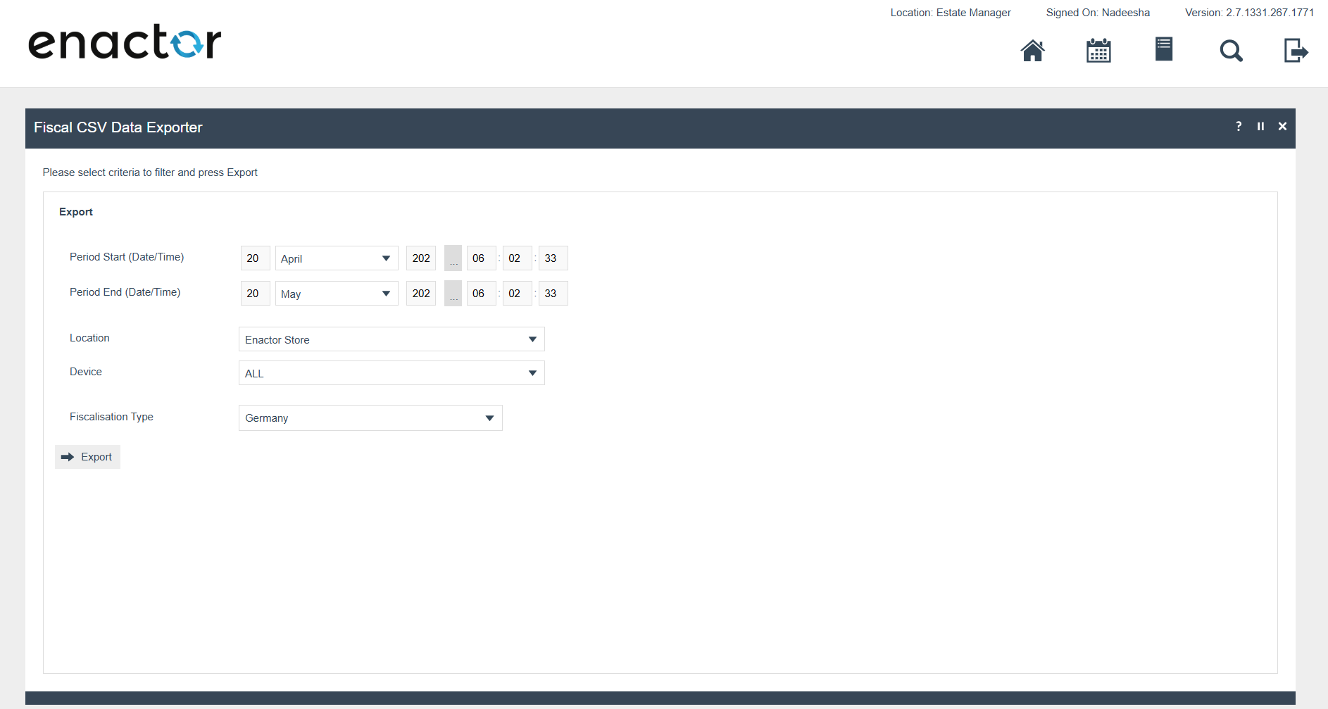 CSV Data Exporter screen showing the export form with date range, location, device, and fiscalisation type fields