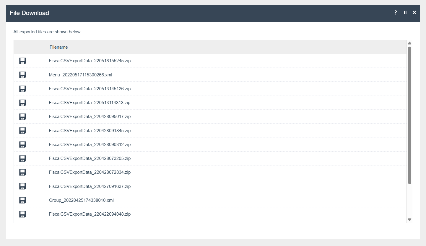 File Download application showing the completed fiscal CSV export Zip file available for download