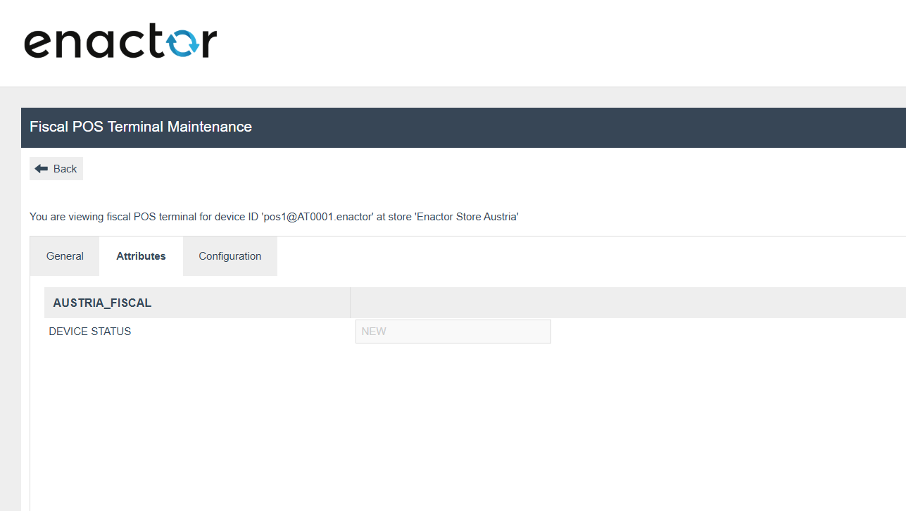 Fiscal POS Terminal Attributes tab with DEVICE_STATUS set to NEW in the AUSTRIA_FISCAL attribute set