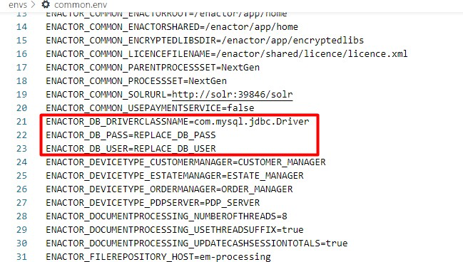 common.env file showing database driver and credentials