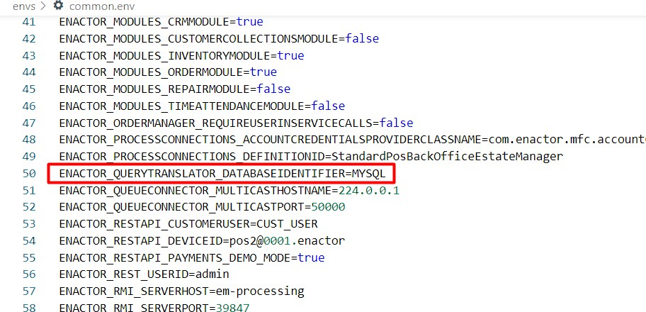 common.env file showing query translator database identifier