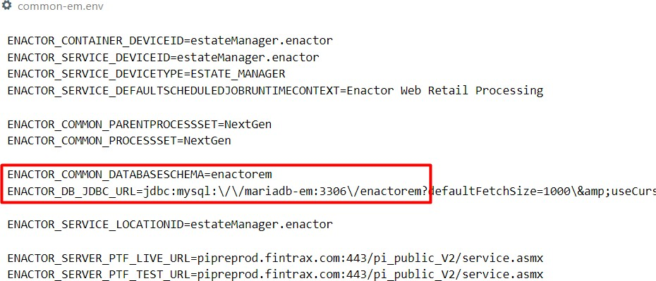 common-em.env file showing EM database JDBC URL