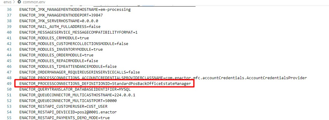 common.env file showing process connection definition ID