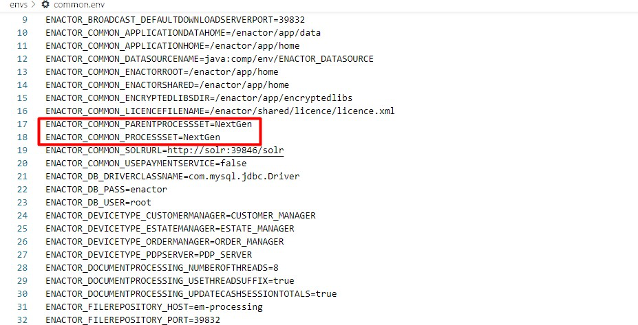 common.env file showing process set properties