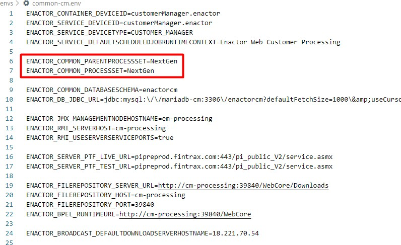 common-cm.env file showing CM process set