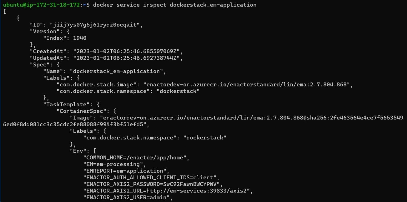 Docker service inspect output showing service details