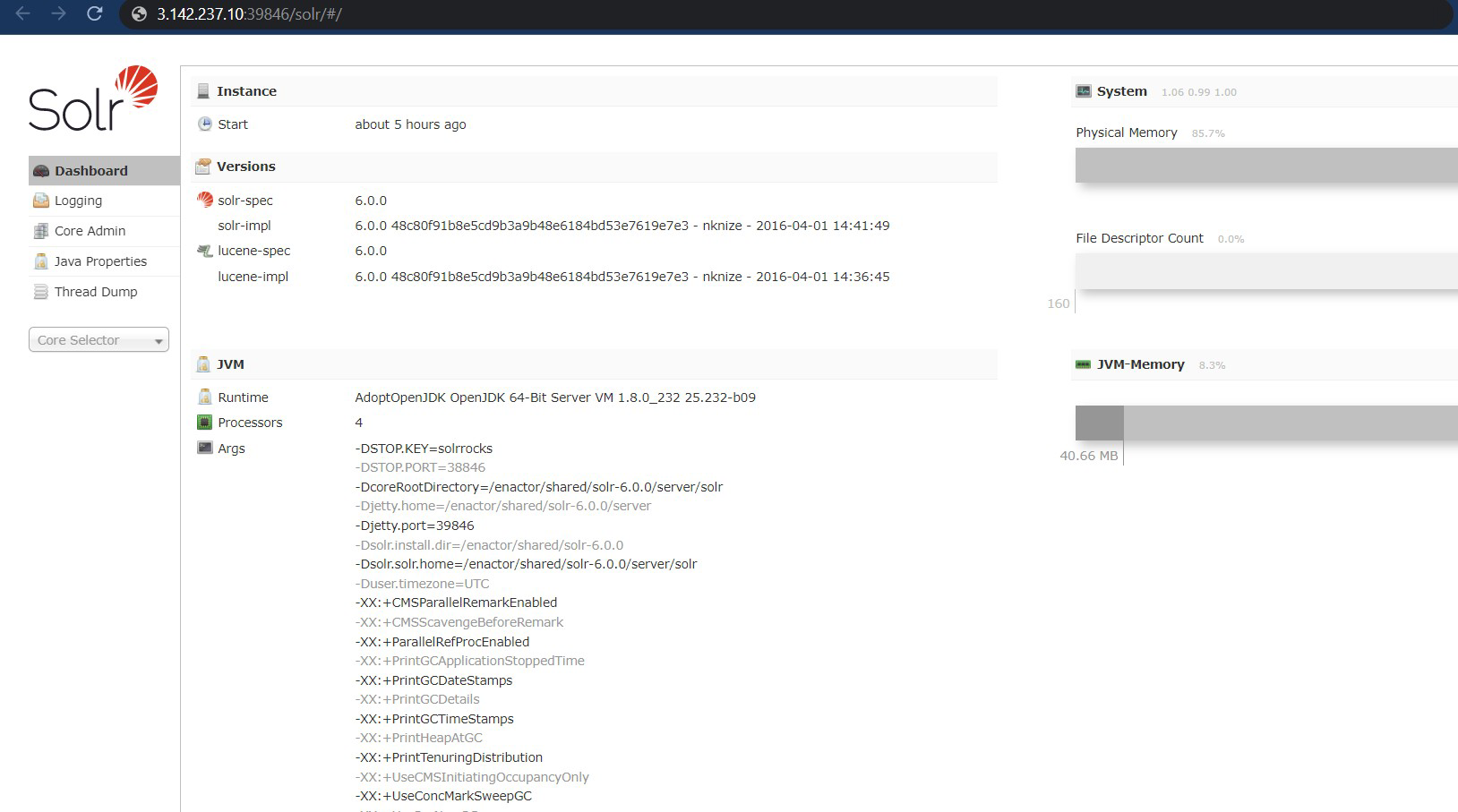 Solr admin dashboard