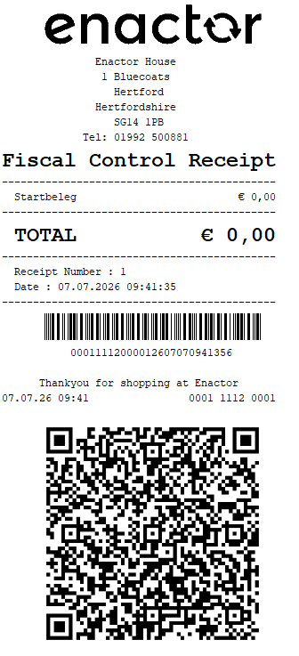 Initial fiscal receipt printed from the POS showing QR code and signed transaction details