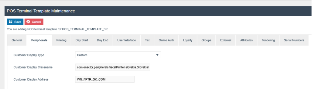 POS Terminal Template Peripherals Output tab showing Custom Customer Display Type with SlovakiaLineDisplay classname and config WN_FPTR_SK_COM