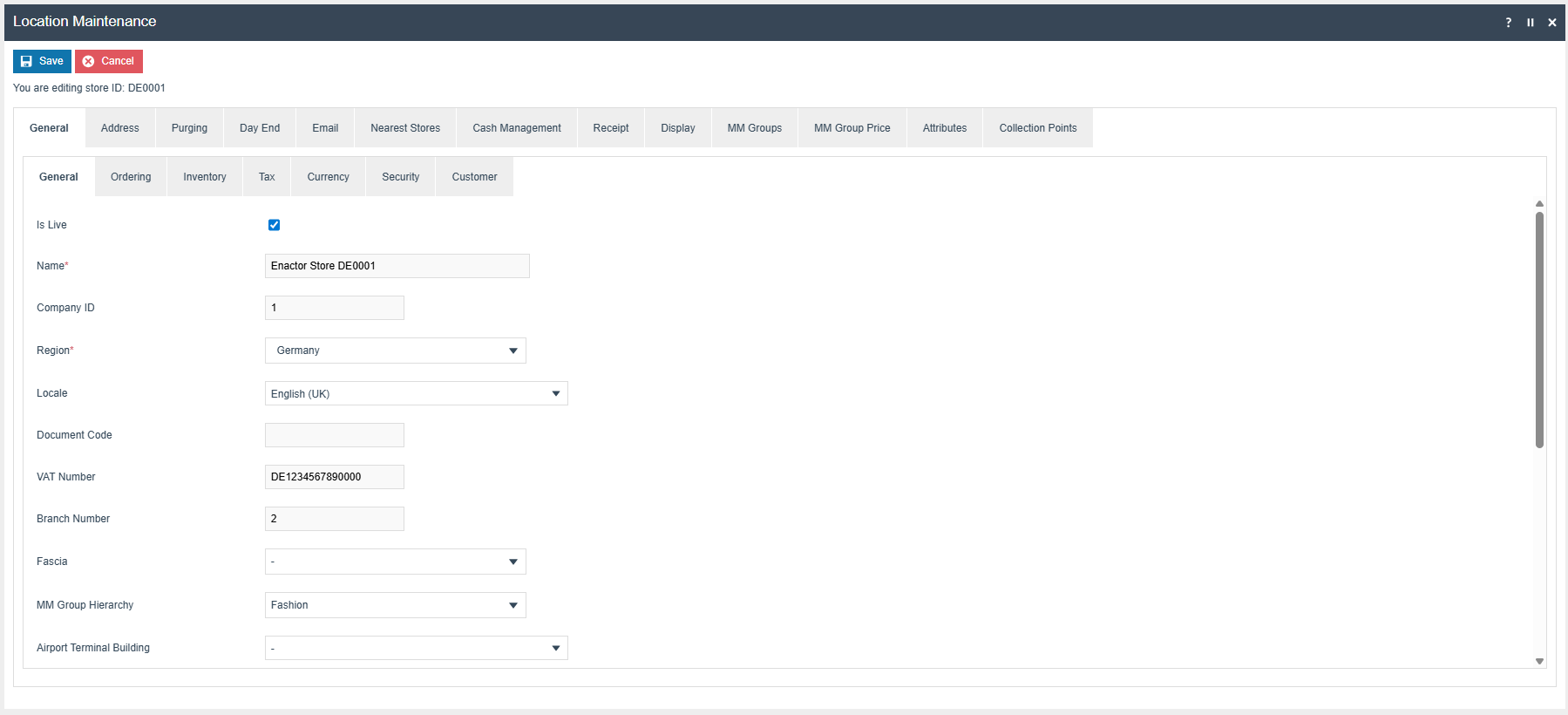 Location maintenance General tab showing Company ID field