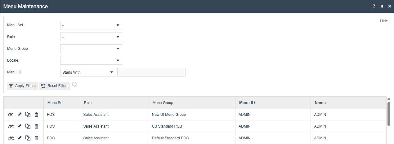 Menu Maintenance select page listing configured menus