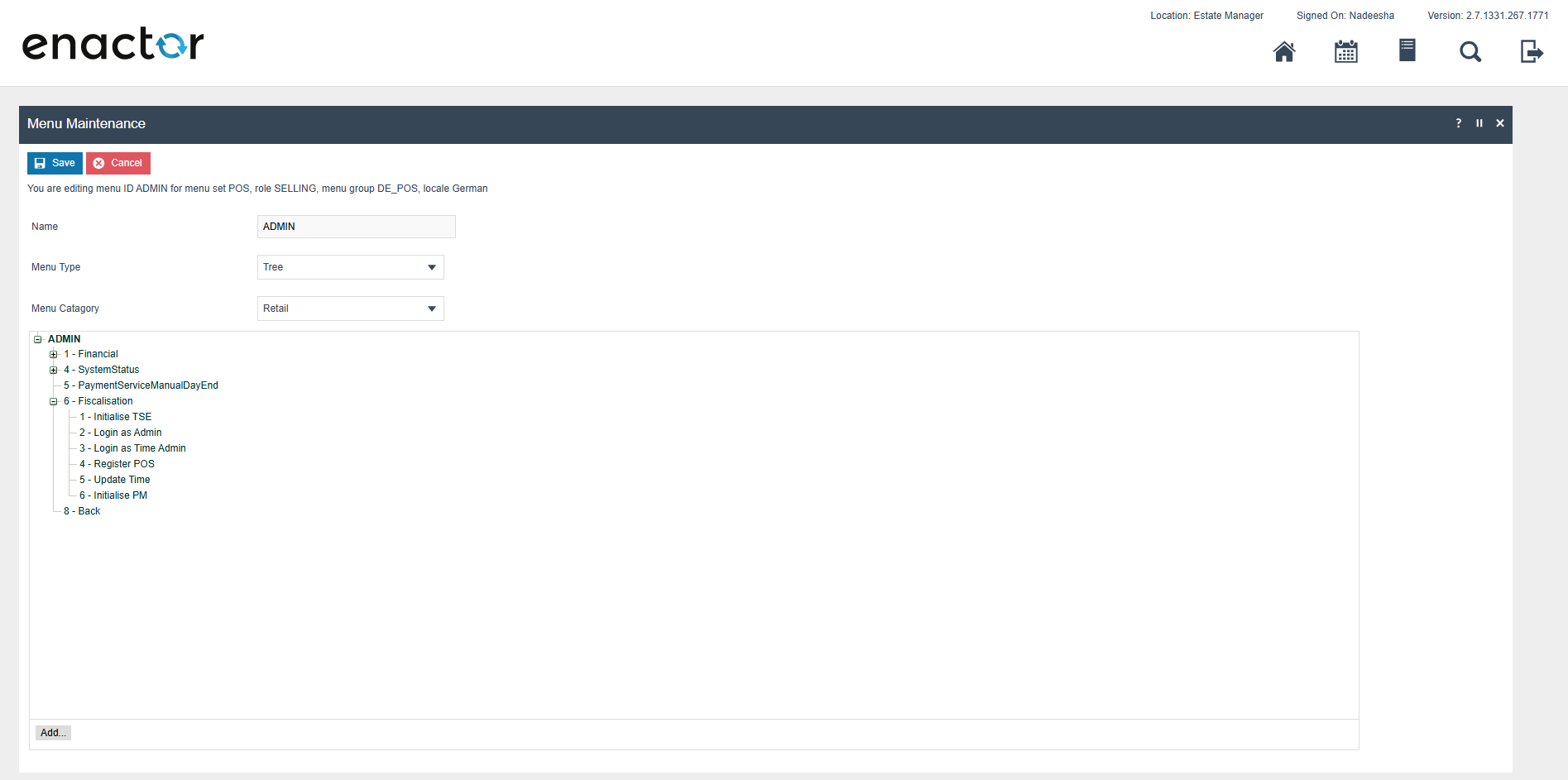 POS Menu Configuration showing the fiscalisation menu with five TSE management items