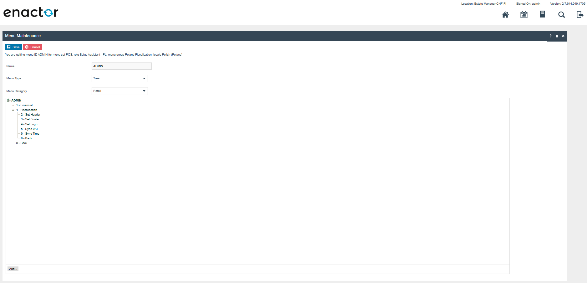 POS fiscal admin menu showing Set Header, Set Footer, Set Logo, Sync VAT and Sync Time buttons