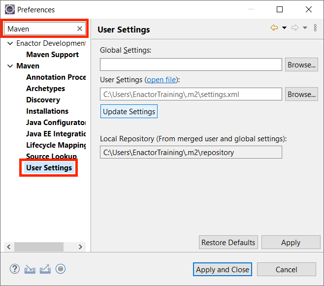 Open Maven Preferences