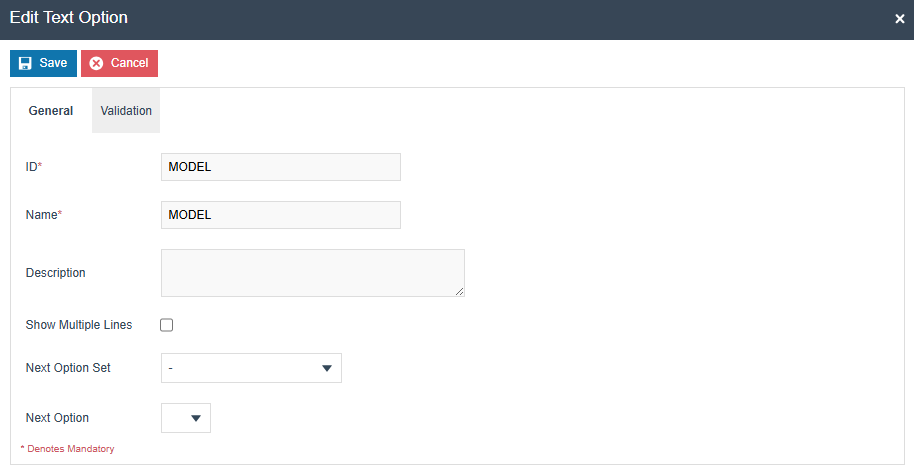 MODEL text option configuration