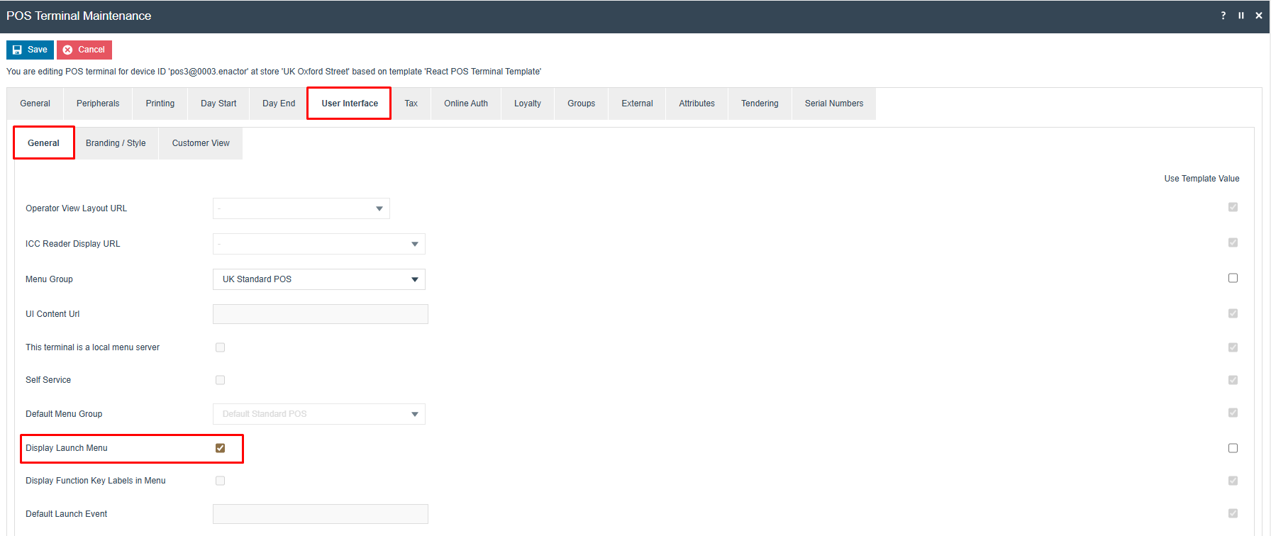 POS Terminal User Interface tab showing Default Launch Event and Display Launch Menu settings