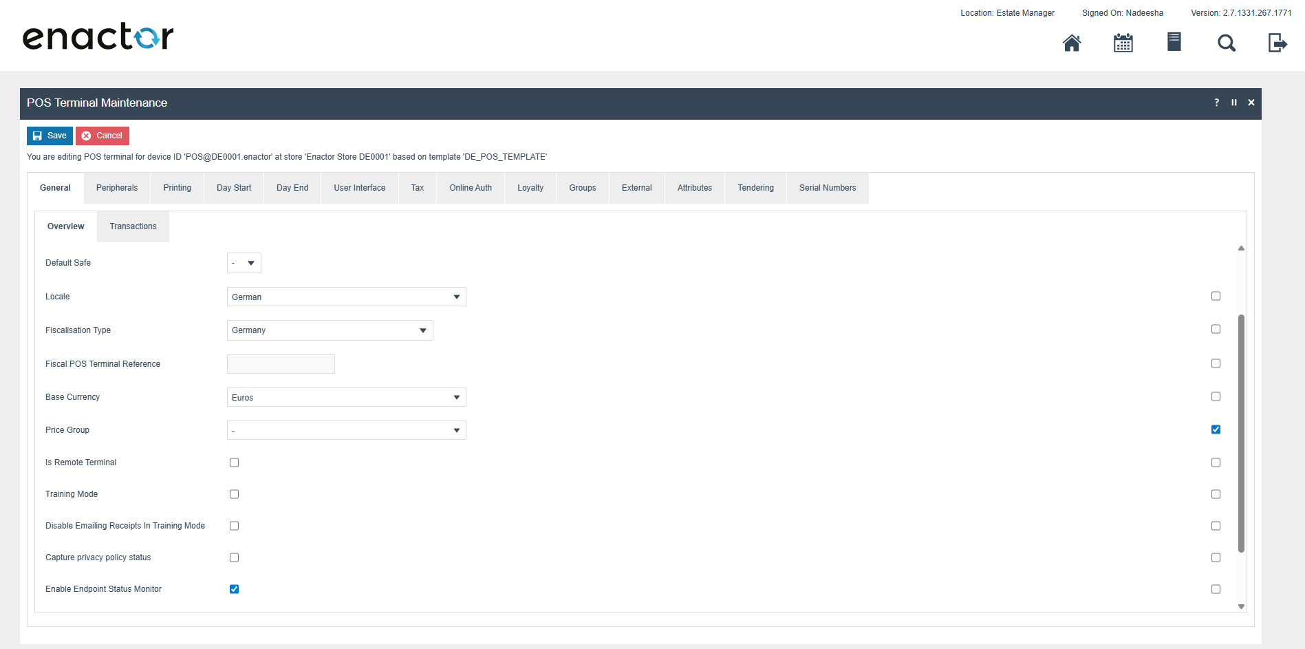 POS Terminal Template General tab with Fiscalisation Type set to Germany, Currency set to Euros, and Locale set to German