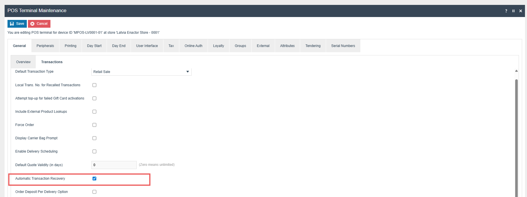 POS Terminal Template Maintenance showing Automatic Transaction Recovery process in Latvia