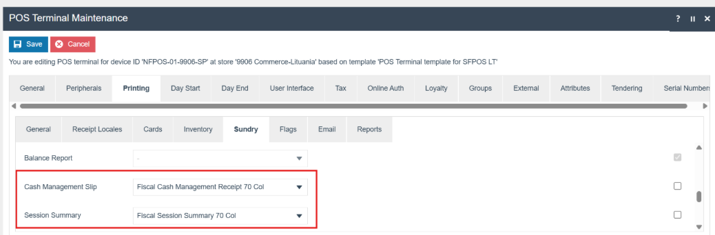 POS Terminal Template cash management and session summary receipt configuration