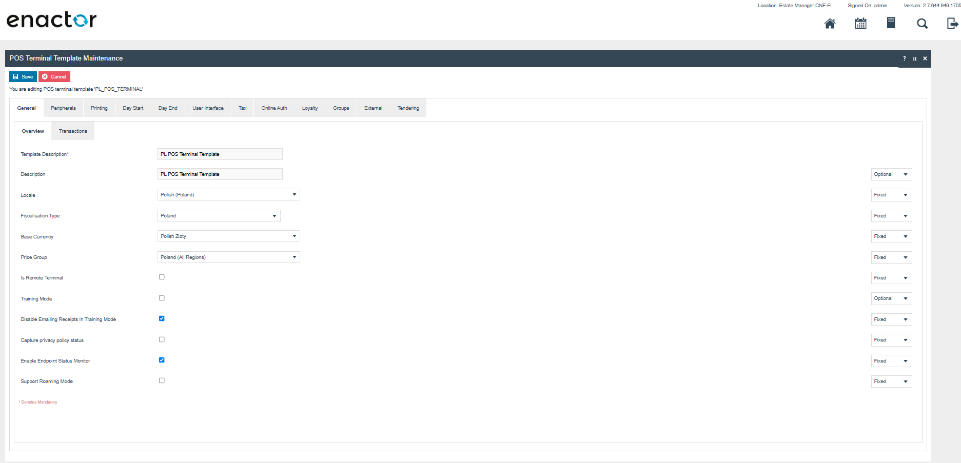 POS Terminal Template General tab with Fiscalisation Type set to Poland, Currency set to Polish Zloty