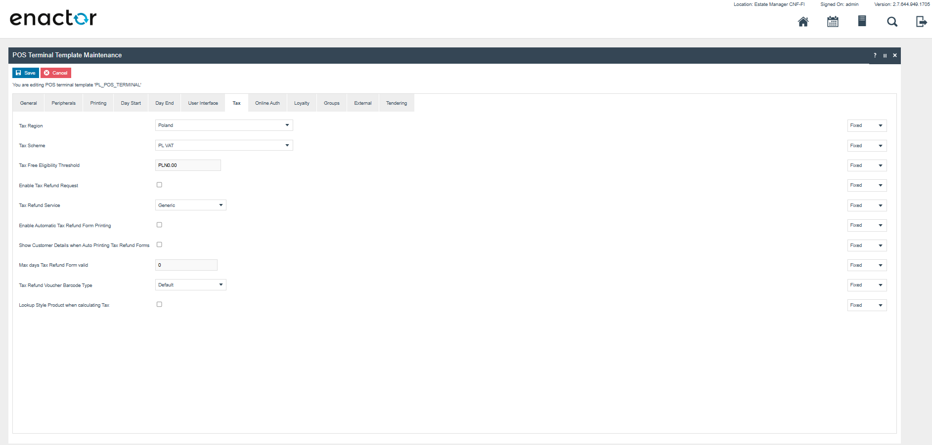 POS Terminal Template Tax tab with Tax Region set to Poland and Tax Scheme set to PL VAT