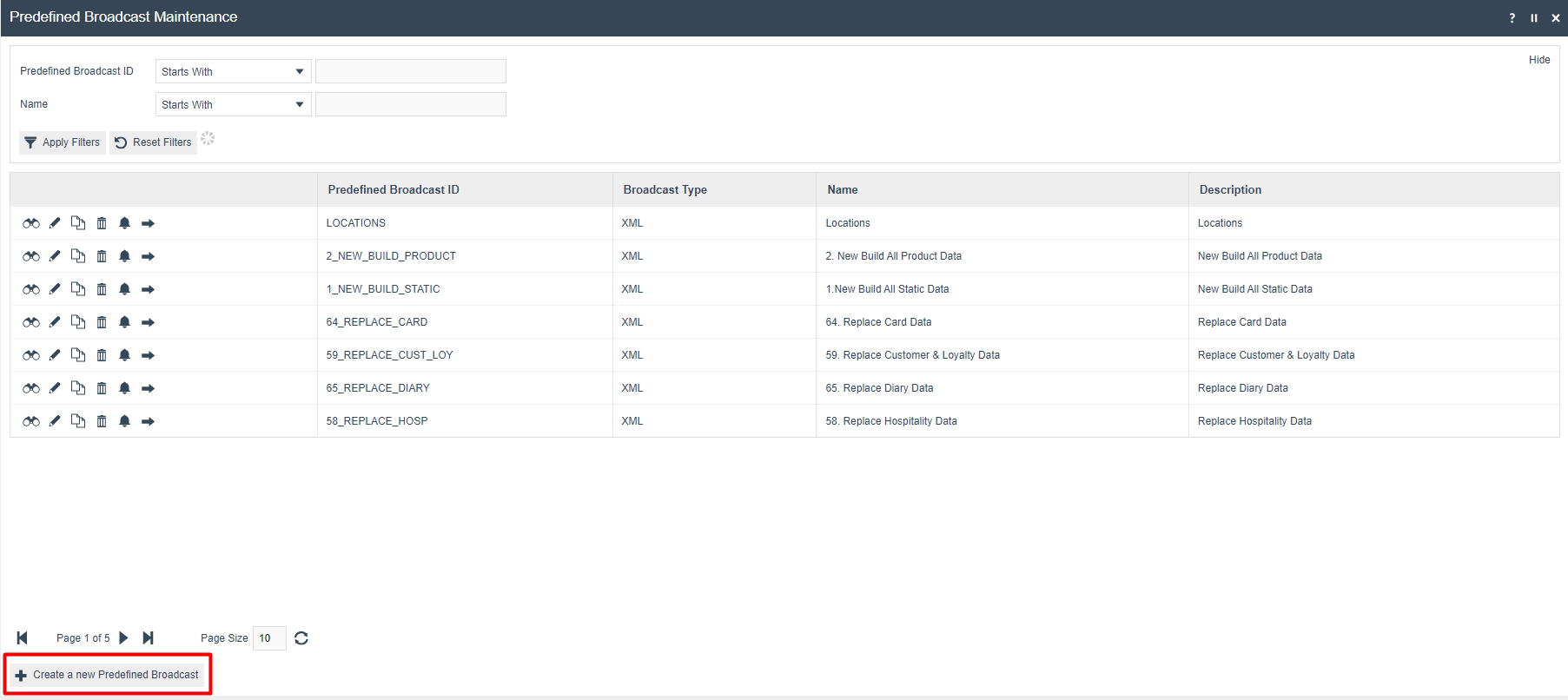 Predefined Broadcast Maintenance page with the Create a new Predefined Broadcast option