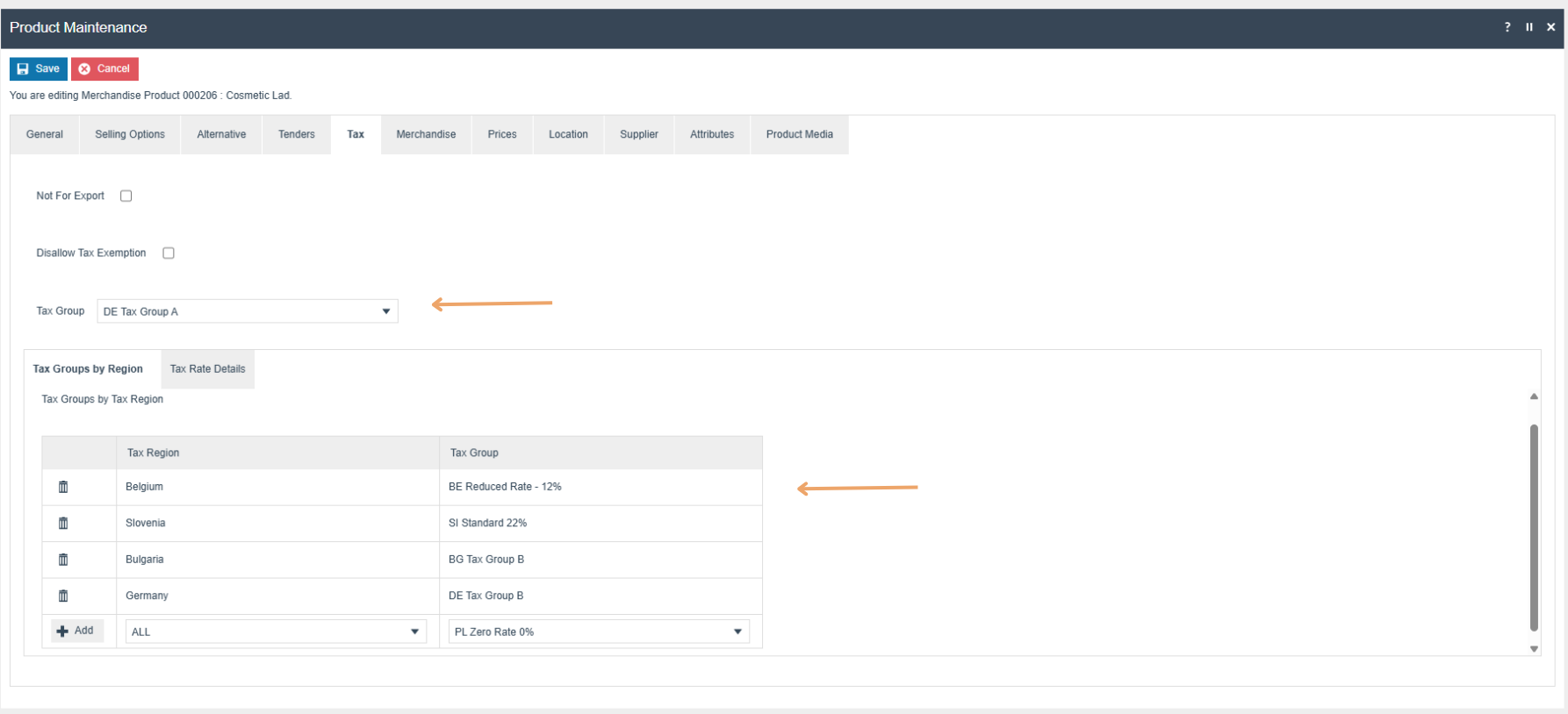 Product Tax configuration screen showing tax group assignment options for a German product