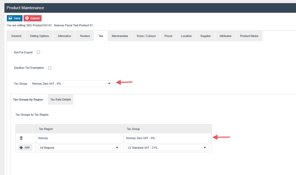 Product Maintenance screen showing the tax group configuration for a Norwegian product