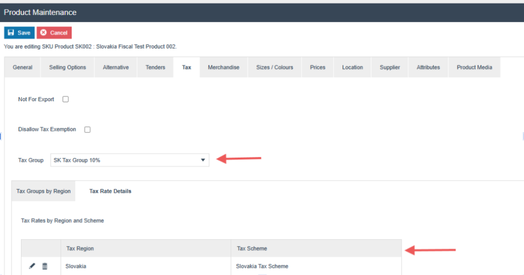 Product Tax Configuration showing tax group assignment for a Slovakia product