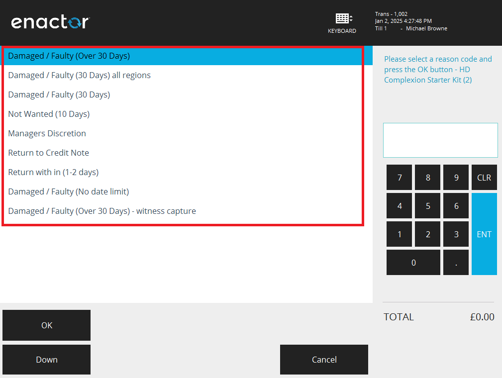 Reason Selection List