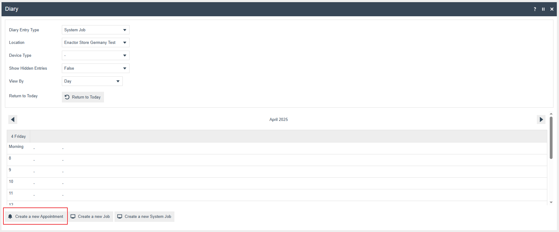 Diary Entry Maintenance - Create a New Appointment button