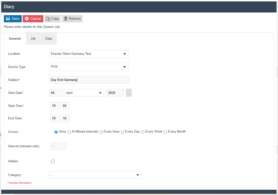 Diary Entry General tab showing location, device type, and scheduling fields