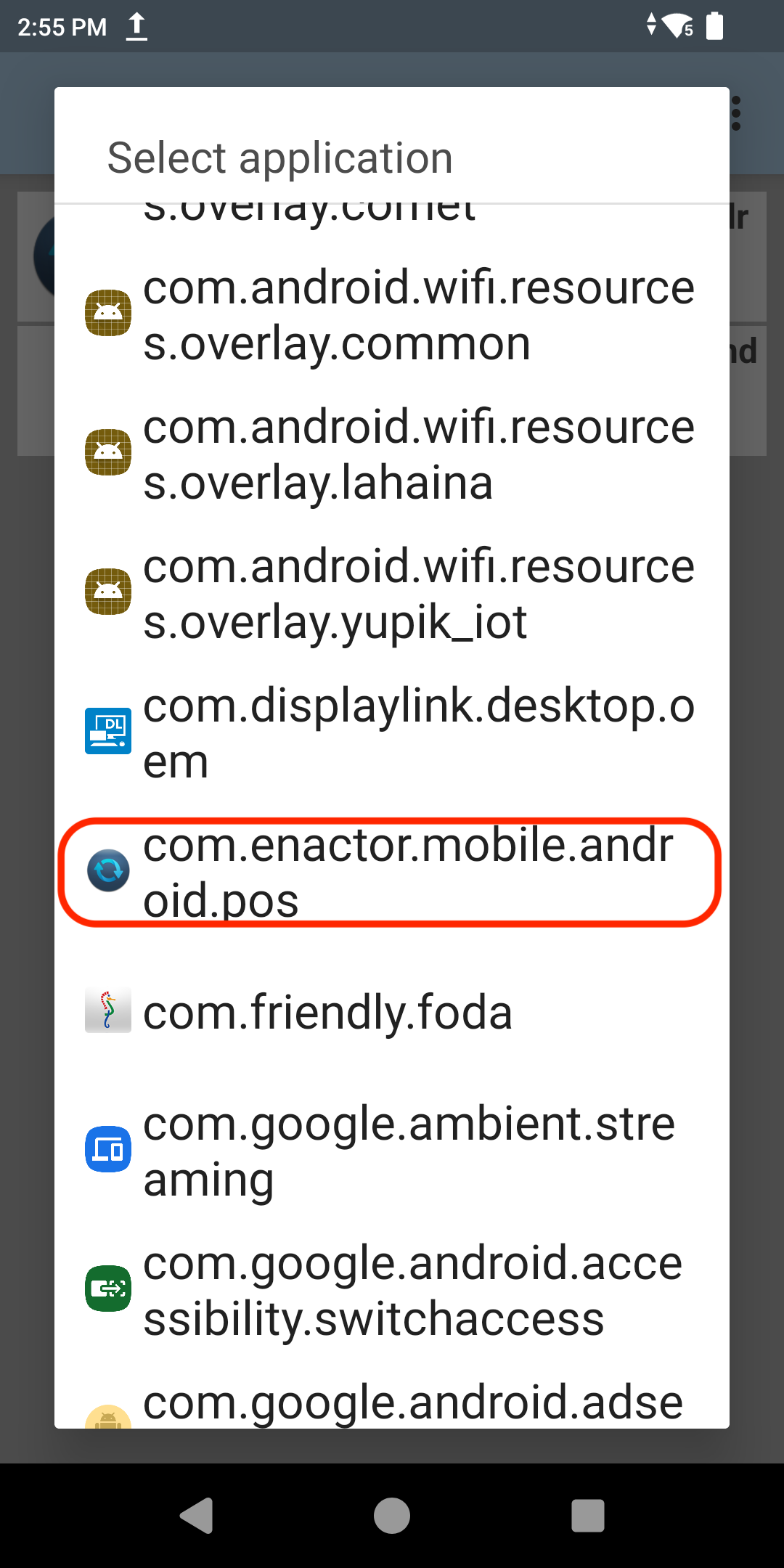 Selecting com.enactor.mobile.android.pos from the application list