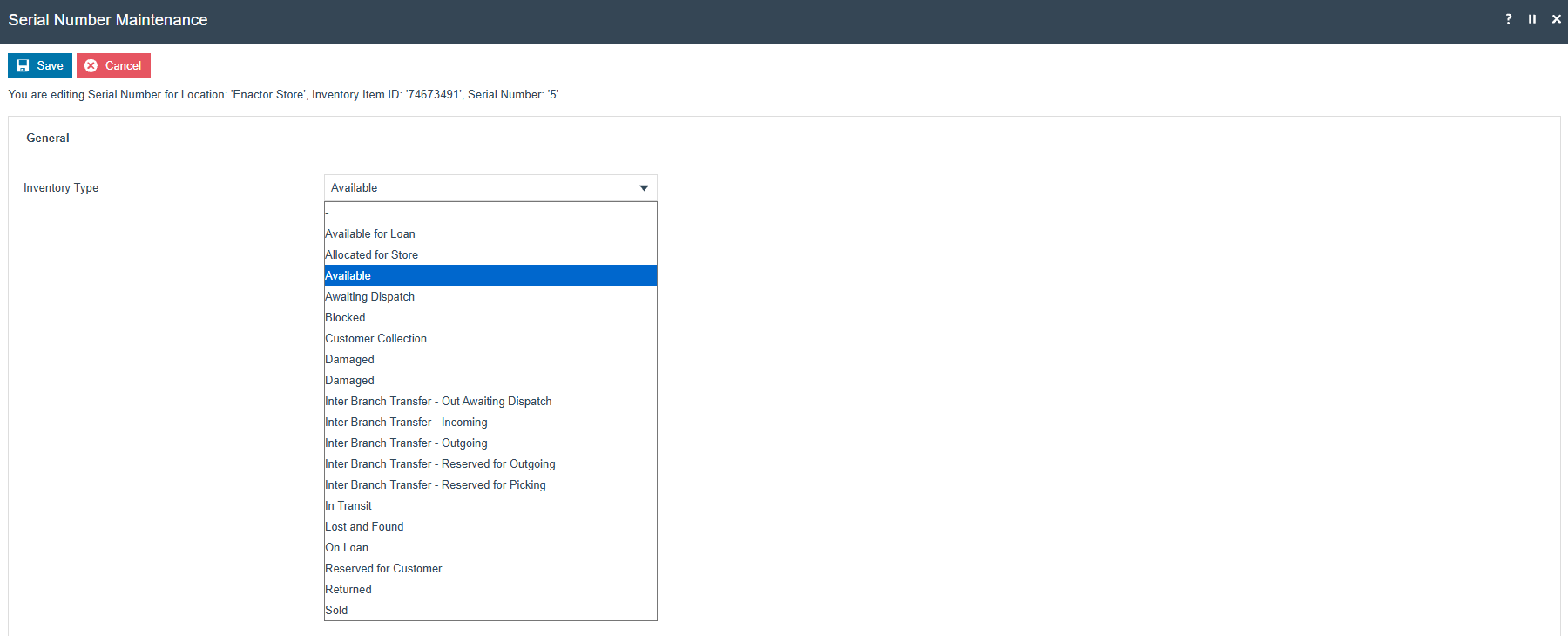Serial Number Maintenance screen