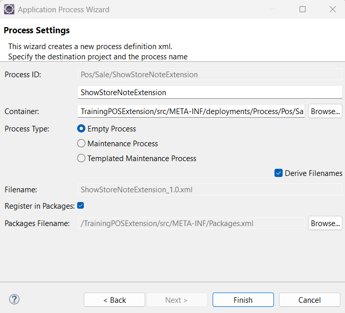 New Application Process wizard