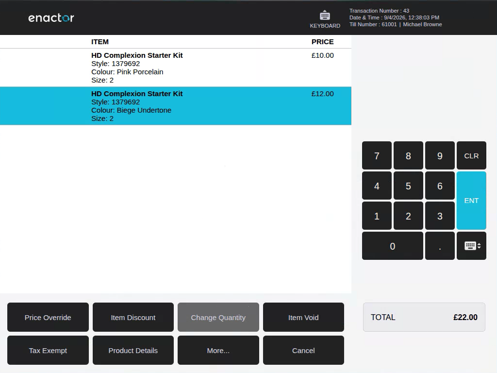 Basket item selected, showing the item-action menu